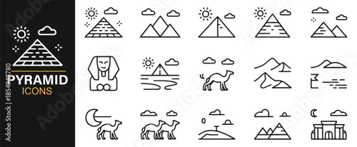 Desert terrain and ancient monument outline icons set