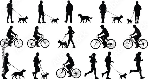 Collection of black silhouettes depicting people walking, cycling, and jogging with dogs outdoors