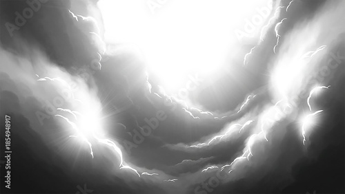 Dark, ominous clouds with bright lightning against black sky isolated on transparent background