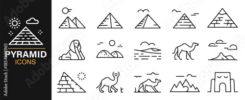 Ancient pyramid and nature landscape outline icon collection