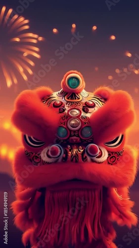 Vibrant Lion Dance Performance with Fireworks in the Background