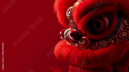Vibrant Red Traditional Lion Mask with Intricate Decorative Patterns