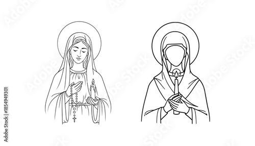 A sketch of two religious figures with halos one male and one female in prayer or contemplation with minimal detail and simple lines on a white background