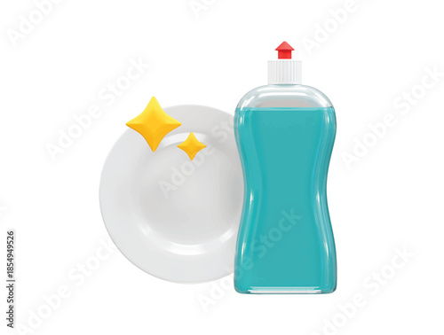 Dish Soap Bottle and Sparkling Clean Plate 3d rendering icon illustration