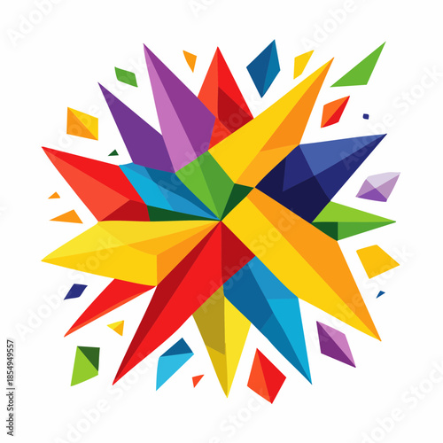 Colorful geometric starburst design with vibrant rainbow hues and sharp, angular shapes on a white background.