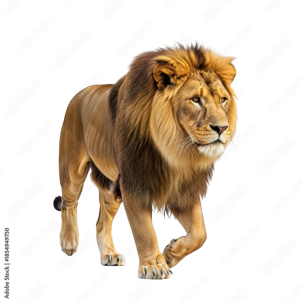 Obraz premium Male lion with full mane walking on black background big cat mammal
