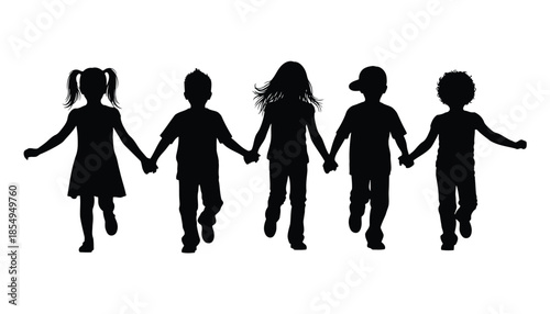 Silhouette of five children holding hands in a row