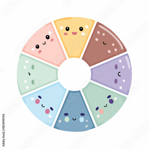 Cute donut with different flavors and faces, arranged in a circle with a hole in the middle.