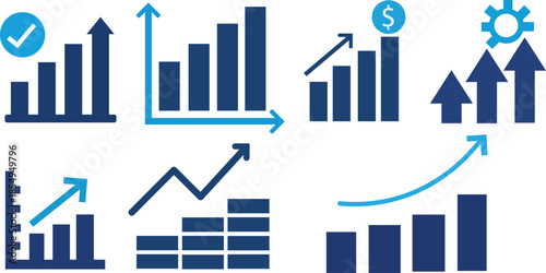 business growth analytics dashboard icons with upward trending charts and performance metrics visualization