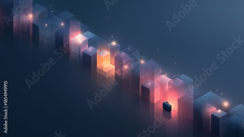 Stylized digital cubes emit soft cosmic light across a dark surface with a lone briefcase below. Abstract scene evokes themes of data navigation, virtual movement, and futuristic decision-making.
