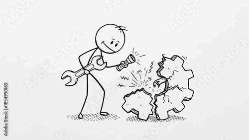 Stick figure man repairing broken gear with wrench and flashlight.