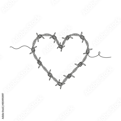 Heart shape formed by barbed wire on white background symbolizing love and danger