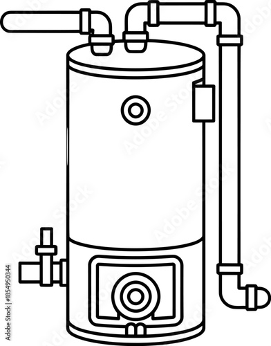 Simple line drawing illustrates a residential hot water heater tank with attached plumbing pipes and controls.