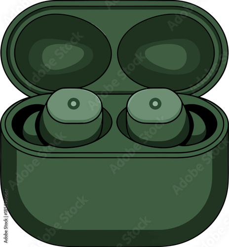 Dark green wireless earbuds are displayed inside their open charging case against a plain background.