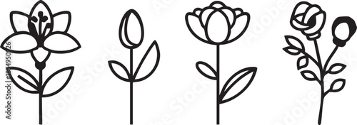Vector flower icons: simple floral designs, line art illustrations eps silhouette