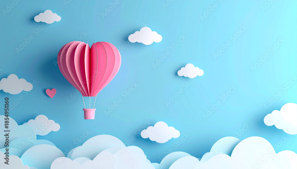 Fototapeta premium Paper Cut Heart Hot Air Balloon Floating in Blue Sky