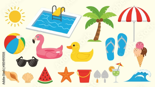 Summer vacation beach pool and tropical elements collection.