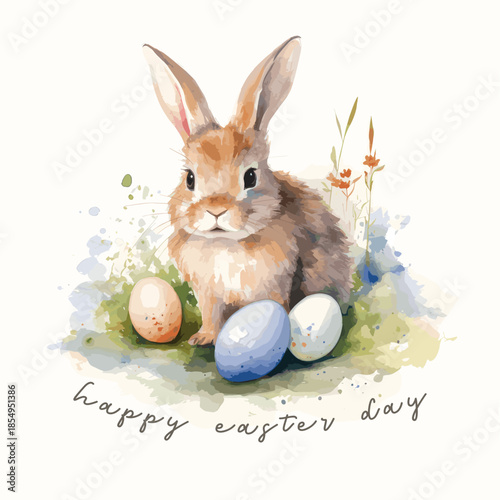 Watercolor Easter Bunny Illustration with Colorful Eggs