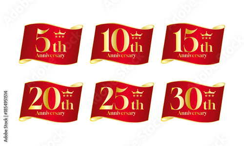 5周年から30周年までの周年記念リボンセット｜アニバーサリー,記念,フラッグ,バナー,赤とゴールド