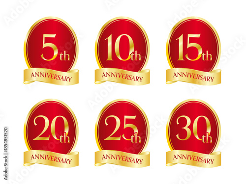 5周年から30周年までの周年記念バッジセット｜アニバーサリー,記念,エンブレム,レッド,ゴールド