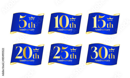 5周年から30周年までの周年記念リボンセット｜アニバーサリー,記念,バナー,ブルー,ゴールド