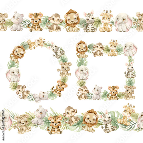 Photography Cute Animals Plants Wreath Frame Seamless Border Set