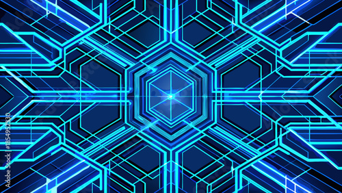 A vibrant and complex geometric pattern of glowing blue lines and shapes radiates from a central point