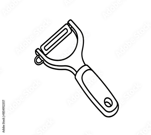 Simple black and white outline illustration of a kitchen vegetable peeler tool