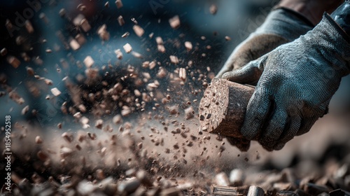 Wallpaper Mural A worker wearing protective gloves handling a compact biomass briquette, wood particles scattering dynamically during processing, renewable energy concept, sustainable fuel production Torontodigital.ca
