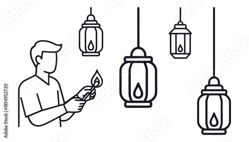 Man lighting lanterns for festive occasion with multiple hanging lanterns