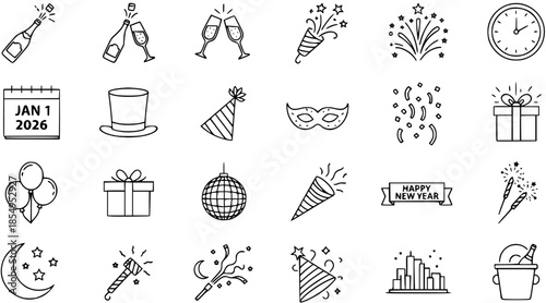 New Year Celebration and Party Line Icons Set. Vector Illustrations of Champagne, Fireworks, Calendar, Gifts, Confetti, and Festive Symbols.