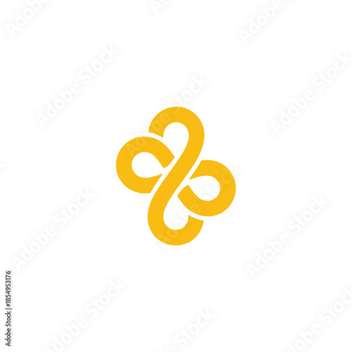 A stylized yellow logo with intertwined loops on a white background