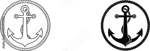 Set of nautical anchor silhouettes with rope circle frames in black and white line art isolated on white background