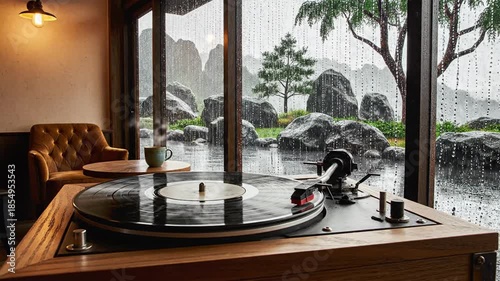 Listening to rain while relaxing with vinyl in cozy indoor lounge by large windows and garden
