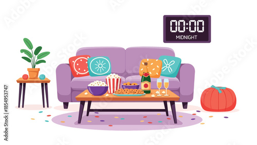 Modern flat vector illustration of cozy New Year celebration in living room with clock at midnight and confetti, minimal interior style, ideal for greeting cards