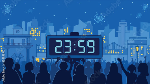 Modern flat vector illustration of New Year countdown in public square with digital clock and crowd silhouettes at night, ideal for event promotions