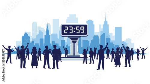 Modern flat vector illustration of New Year countdown in public square with digital clock and crowd silhouettes at night, ideal for event promotions