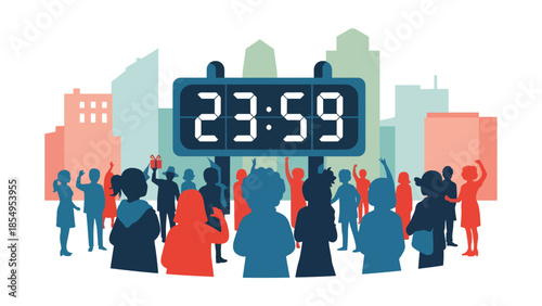 Modern flat vector illustration of New Year countdown in public square with digital clock and crowd silhouettes at night, ideal for event promotions