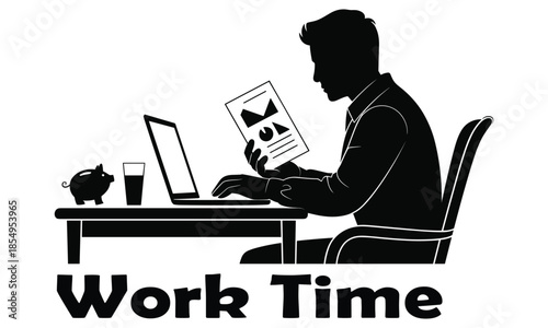 Man Working on Laptop at Desk with Coffee and Notebook