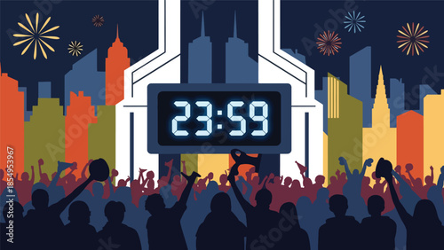 Modern flat vector illustration of New Year countdown in public square with digital clock and crowd silhouettes at night, ideal for event promotions