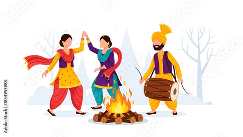 Lohri festival illustration with Punjabi man playing dhol and woman dancing around bonfire celebrating winter harvest tradition cultural joy also suitable for Sankranti Pongal themes