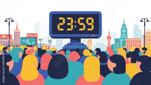Modern flat vector illustration of New Year countdown in public square with digital clock and crowd silhouettes at night, ideal for event promotions