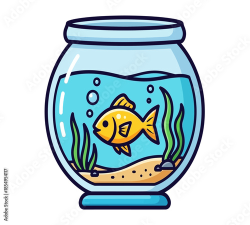 A simple cartoon illustration depicts a goldfish swimming happily inside a round fishbowl