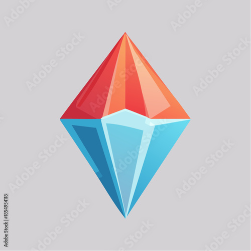 Stylized diamond shape with red and blue facets, on a gray background.