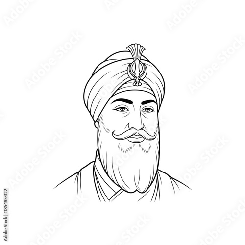 A black and white sketch portrait of a man with a turban and beard