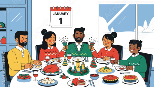 Modern flat vector illustration of family New Year dinner at home with festive table and January 1 calendar, warm interior scene, ideal for greeting cards