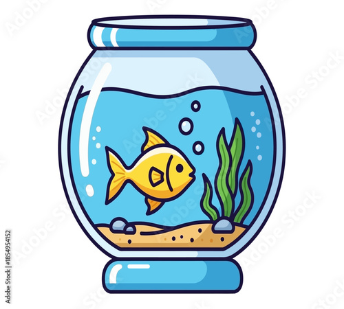 A charming cartoon illustration of a bright yellow fish swimming in a glass fishbowl