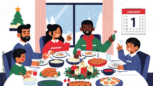 Modern flat vector illustration of family New Year dinner at home with festive table and January 1 calendar, warm interior scene, ideal for greeting cards
