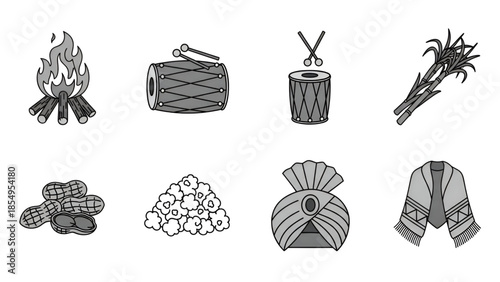 Lohri harvest festival traditional icons set showing bonfire drum dhol sugarcane peanuts popcorn turban shawl cultural objects winter celebration line art illustration