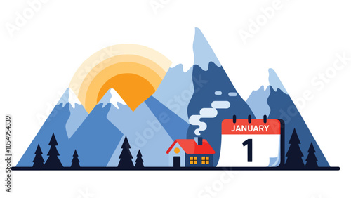 Modern flat vector illustration of New Year morning sunrise over mountains with small house and January 1 calendar, calm winter scene, ideal for backgrounds